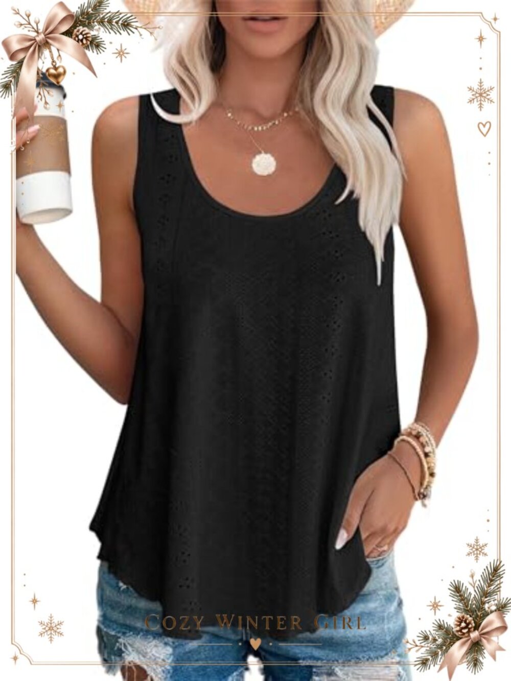 Eyelet Embroidery Tank Top Scoop Neck Sleeveless Loose Flowy Summer Shirt